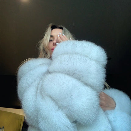 Fashion High-End Young Style Women's Coat, Aliexpress Popular Model, 5-Section Genuine Fox Fur Coat with Fur Integrated