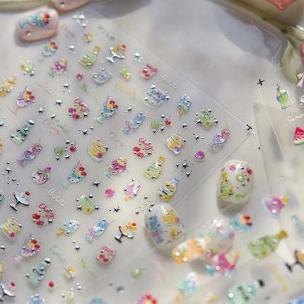 Summer Ice Drink Nail Art Stickers Embossed 3D New 5D Stereo Popular Ins Soda Dessert Nail Sticker Decoration