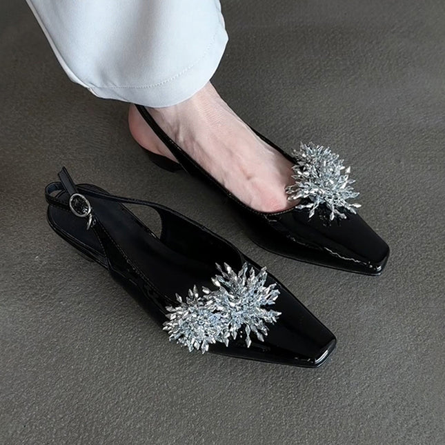 Sheepskin Version ~ French New Style Shallow Mouth Square Toe Evening Shoes for Women Black Elegant Smoke Shower Back Strap Toe Sandals
