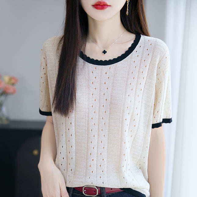 Ice Silk Knitwear Women's 2024 New Korean Style Summer Women's Casual Versatile Cut Out Thin Short-Sleeved T-Shirt Tops