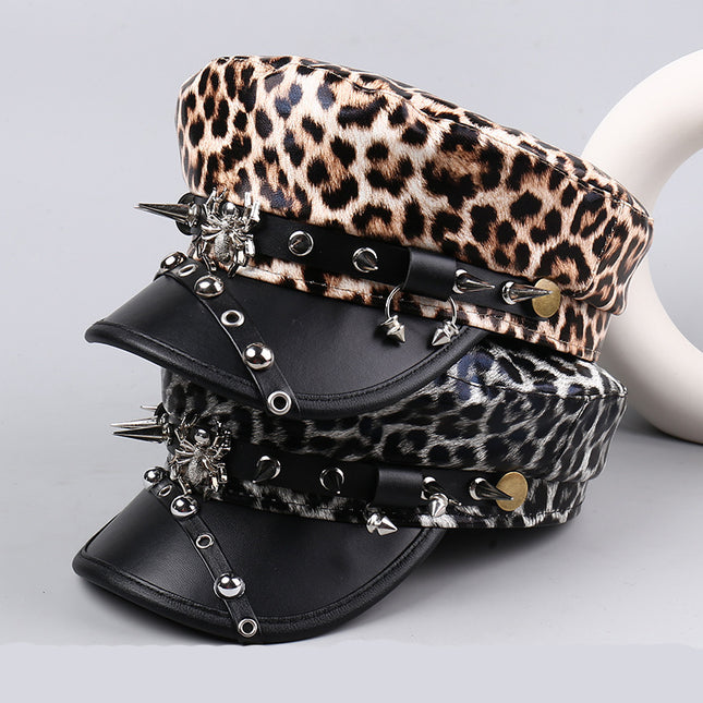 Trendy Ins Fashion Chain Spider Navy Hat for Women Spring Summer Pu Leather Flat Top Hat Black Leopard Print Personality Newsboy Cap