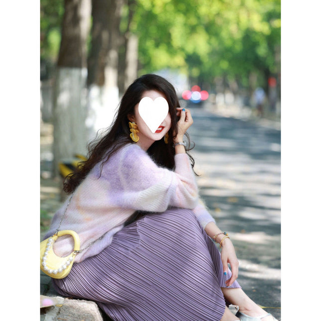 Autumn outfit with a set of gentle wear purple knitted sweater with high waist skirt slimming two-piece set