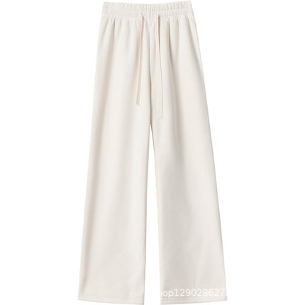 Creamy-white European cotton corduroy wide-leg pants women's winter fleece-lined high waist loose slimming draping mop straight pants