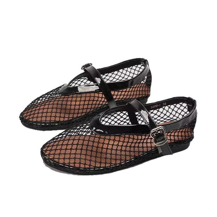European and American Style Fashion Ballet Shoes Women's Spring and Summer New Mesh Hollow Breathable All-match Shoes One-word Mary Jane Shoes