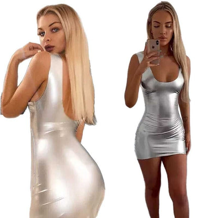Foreign trade women's new gilded bright face dress hot girl tight hip skirt bright face gilded patent leather backless party
