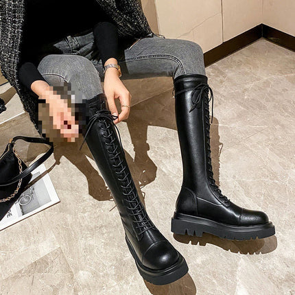 Over-The-Knee High Boots 2025 Autumn and Winter New Style Handsome Knight Boots Round Toe Lace-Up Elastic Fleece-Lined Boots Riding Boots