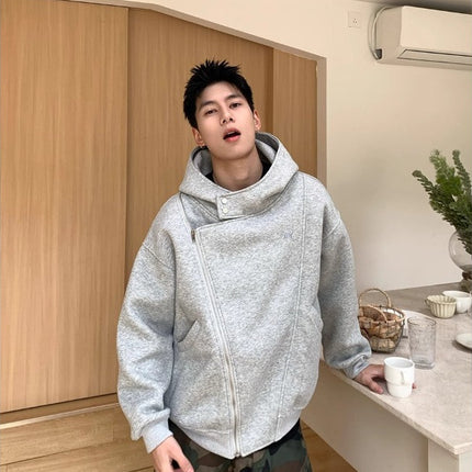 American Double Zipper Cardigan Sweater Men's Spring Irregular Design Hooded Jacket Trendy Brand Street Sports Hoodie