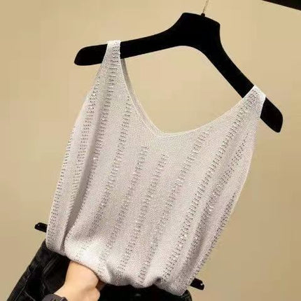 2026 Student Women's Clothing Ice Silk Rhinestone-Embellished Camisole Summer Loose Short T-Shirt Sleeveless Versatile V-Neck Base Shirt