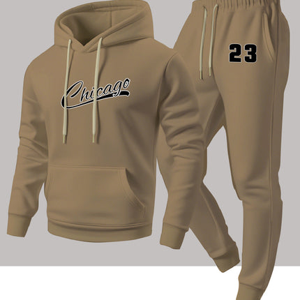 Cross-Border Autumn and Winter Men's Fashion Casual Two-Piece Set, Chicago Heat-Printed Hooded Sweatshirt and Sweatpants Set