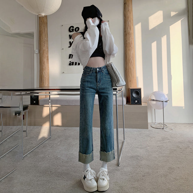 High waist fleece-lined retro curling jeans for women 2023 autumn and winter new small slim straight pipe pants