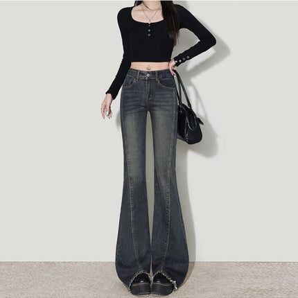 Micro-Flared Jeans for Women 2025 New Autum High-Waisted Slimming Look Horseshoe Pants Raw Edge Pants