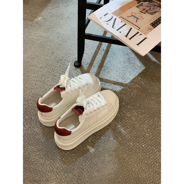 Cowhide Version~Haonianhua Women's Shoes, Classic Round-Toe Thick-Soled Height-Increasing Lace-Up White Sneakers, Versatile College-Style Sneakers for Women