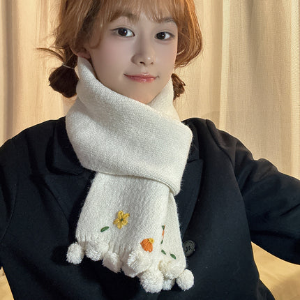 Sun Flower Rain ~ dark blue light blue * Cute Flower Embroidered Scarf Handmade Fur Ball Autumn and Winter Warm Wool Scarf