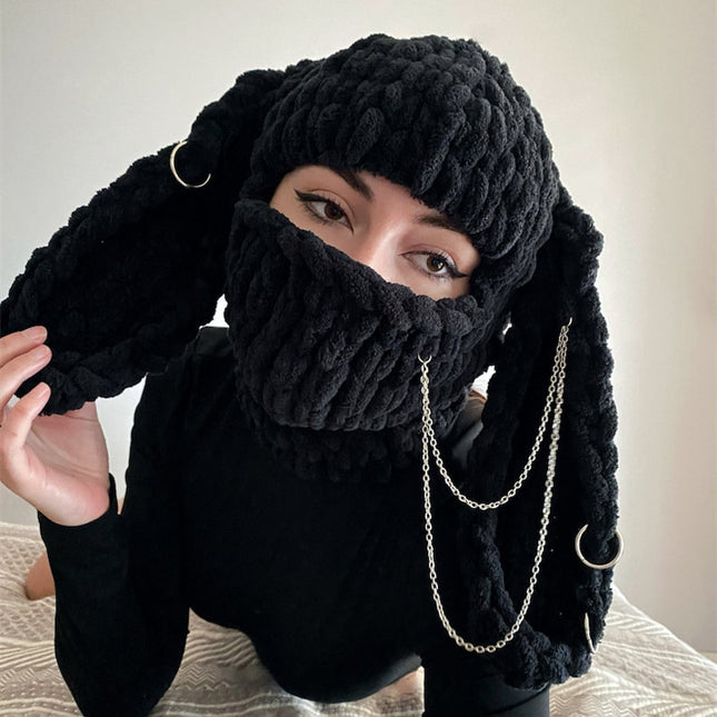 Bear Mask Headgear Sweet Cool Spice Girl Style European and American Handmade Knitted Thickened Wool Warm Hat Cute Autumn and Winter Hat