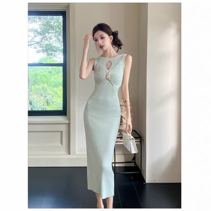 Pure Lust Style Twisted Hollow Sleeveless Vest Dress for Women Summer Waist Knitted Skirt to Show Figure and Hip Long Skirt for Women