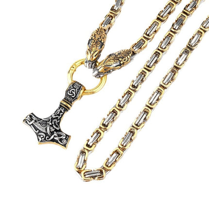 Cross-Border Popular Nordic Rune Hammer Pendant Necklace for Women, Stainless Steel Imperial Chain, Men's Wolf Head Necklace Wholesale