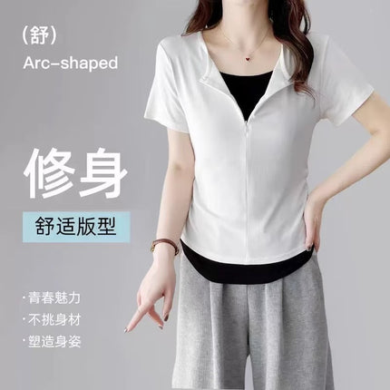 French Style Lace Stitching Design Sense Fake Two-piece Short Waist Tops Women's Summer Small Gray Short-sleeved T-shirt