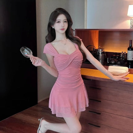 Real Shot 8967 Sexy Mesh Low-cut Ruffled dress Women's Clothing Summer New Nightclub Foot Bath Technician Work Clothes