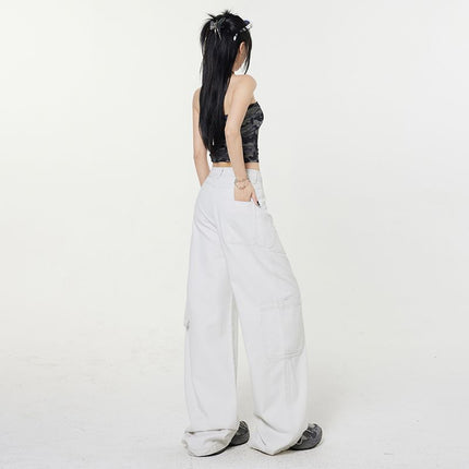 American Retro Gray Cargo Pants for Women 2025 Spring New Design Multi-Pocket Loose Wide-Leg Jeans