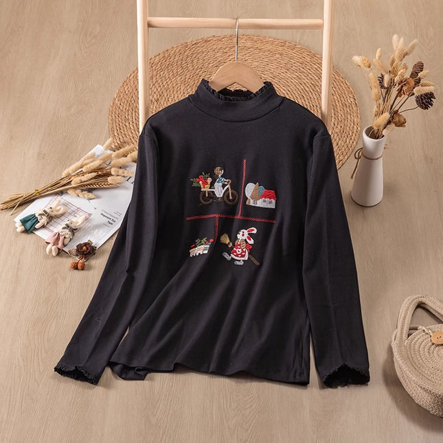 8177 Mori Style Sweet Embroidered High Neck Stretch Long Sleeve Base Shirt Loose All-match Cotton Slim Inner Top