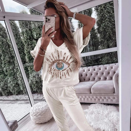 2024 European and American Cross-Border Foreign Trade Women's Summer Evil Eye Sequin Pattern Short-Sleeve Long Pants Set European and American Style