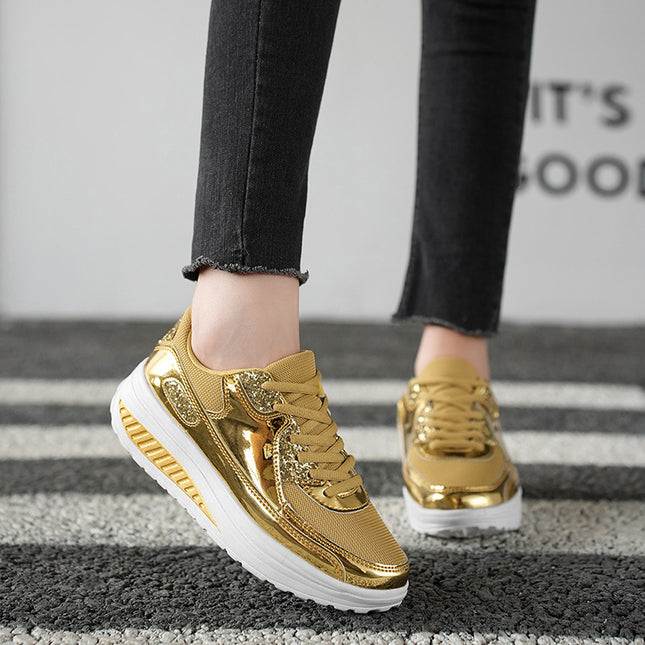 Cross-Border Rocking Shoes Trendy Gold Mirror Glossy Shoes Casual Shoes Outdoor Large Size Women's Shoes Sequined Thick Sole New Style