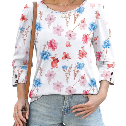 50 Colors Cross-Border European and American Amazon Spring and Summer New Printed T-Shirts with Cuff Buttons, Casual Versatile Vacation Women's Clothing