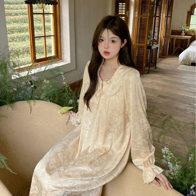 [Cheese Long Dress] Spring and Summer New Jacquard Girl's Short-sleeved Long Dress Pajamas Women's Thin Fairy Style Home Clothes