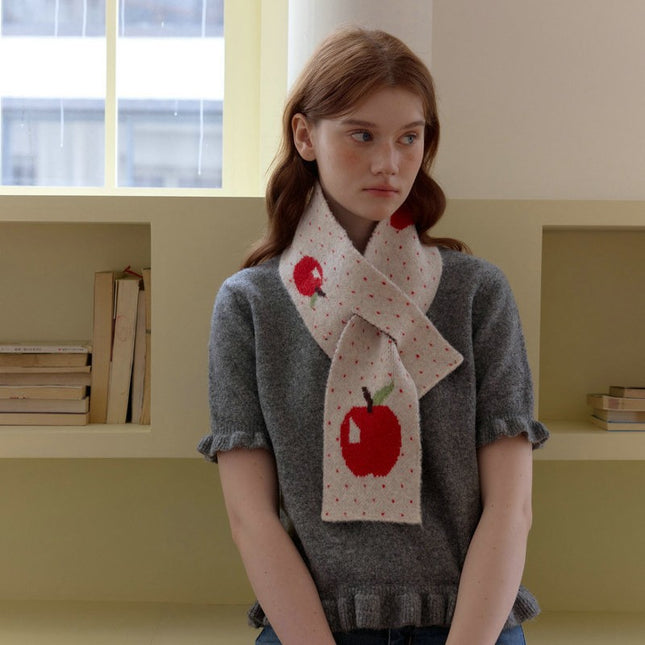 Lazy Style Japanese Christmas Gift Cute Red Apple Knitted Cross Autumn and Winter Warm Small Scarf for Women