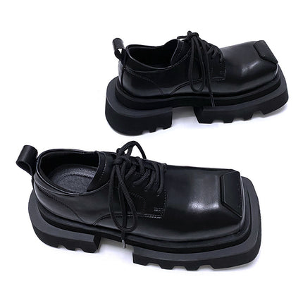 High-End Square-Toe Leather Shoes for Men, Niche Design Suit Shoes, Large-Toe Thick-Soled Heightening Versatile Derby Shoes for Men and Women