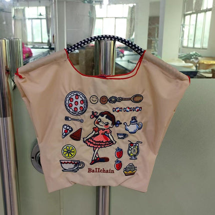 High-Quality Japanese-Style Ball Chain Eco-Friendly Shopping Bag Nylon Fabric Embroidered Floral Tote Nylon Canvas Bag