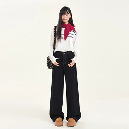 High Waist Pocket Design Loose Slim Wide Leg Pants Women's All-match Straight Tube Dipped 2025 New Spring Festival Jeans
