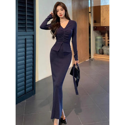 French Style Autumn Sexy Dress Women's 2024 New Slim-fit Slimming Green High Waist Hip Skirt Two-piece Set