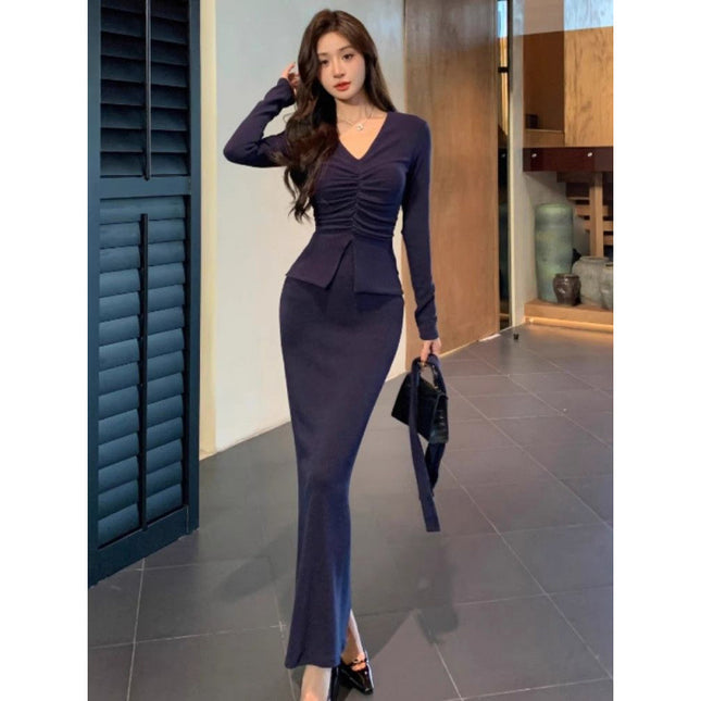 French Style Autumn Sexy Dress Women's 2024 New Slim-fit Slimming Green High Waist Hip Skirt Two-piece Set