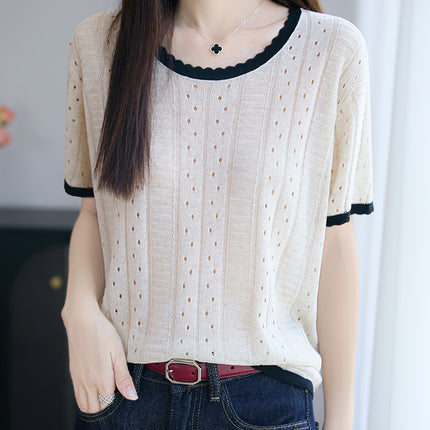 Ice Silk Knitwear Women's 2024 New Korean Style Summer Women's Casual Versatile Cut Out Thin Short-Sleeved T-Shirt Tops