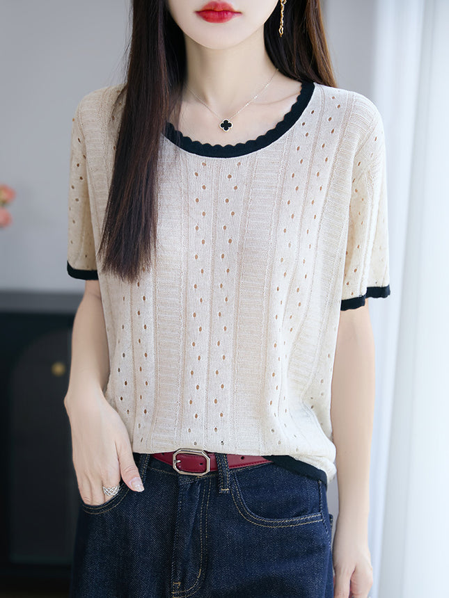 Ice Silk Knitwear Women's 2024 New Korean Style Summer Women's Casual Versatile Cut Out Thin Short-Sleeved T-Shirt Tops