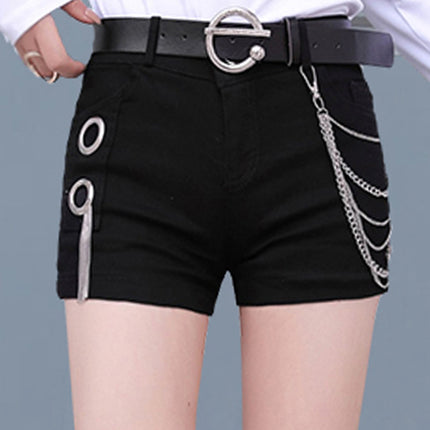 Black Shorts for Women, New Korean Style, Tassel Chain Metal Hot Pants, Mid-Waist Slim Fit, Fashionable Straight-Leg Pants