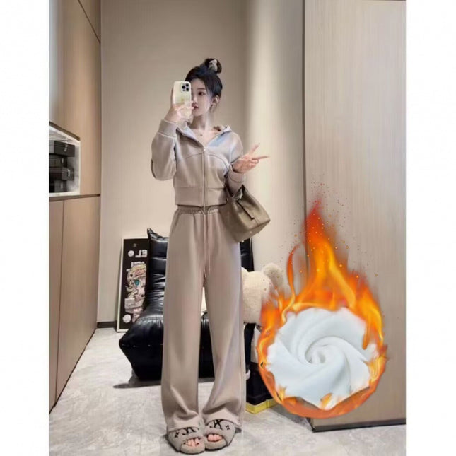 2024 autumn and winter fleece-lined sports leisure suit zipper hooded vests wide leg casual pants Joker slim casual