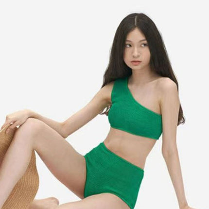 Cross-Border Green High-End Whitening One-Shoulder Tight Push-Up High-Waist Slimming Conservative Goddess Hot Spring Vacation Split Swimsuit