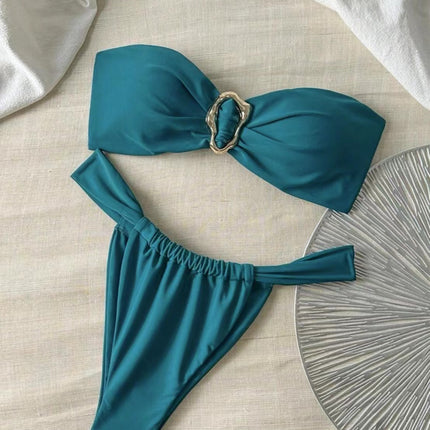 European and American 2025 New Metal Ring Tube Top Bikini Bikini Sexy Solid Color Women's Split Two-piece Set