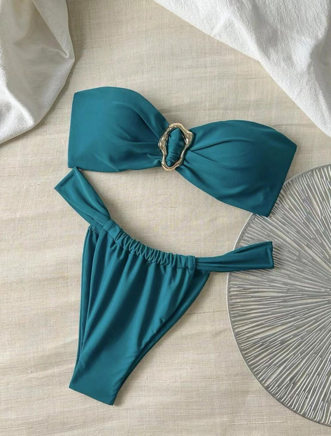 European and American 2025 New Metal Ring Tube Top Bikini Bikini Sexy Solid Color Women's Split Two-piece Set