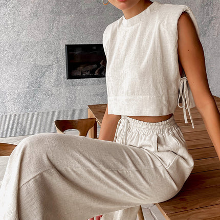 Fashion Cotton Linen suit Women's 2024 Summer New Shoulder Pad Sleeveless Top Trousers Two-piece Set of European and American Casual