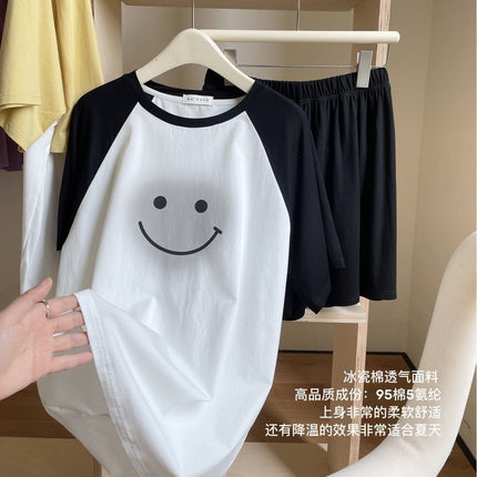 [Ice pure cotton contrast color smiley face home wear suit]]