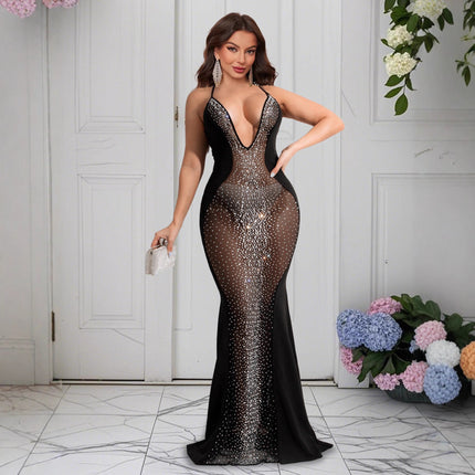 9525 Cross-border Women's New Sexy Perspective Sleeveless Deep V Rhinestone Mesh Nightclub Party dress