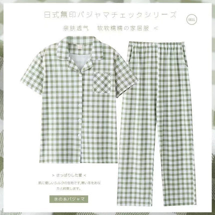 Long-Sleeved Cotton Japanese Pajamas Women's Suit Cotton Plaid Couple Long-Sleeved Home Clothes Men's Summer Thin Suit