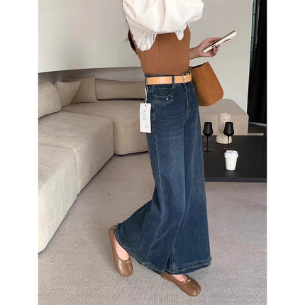 High-Waisted Spliced Raw Edge Straight Jeans for Women 2025 New Retro Stretch Non-Stick Wide-Leg Flared Pants
