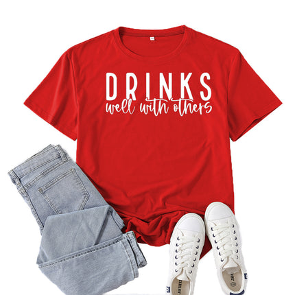 Amazon Supply Drinks Well with Others Printed Short-Sleeved Women's Casual Summer Casual