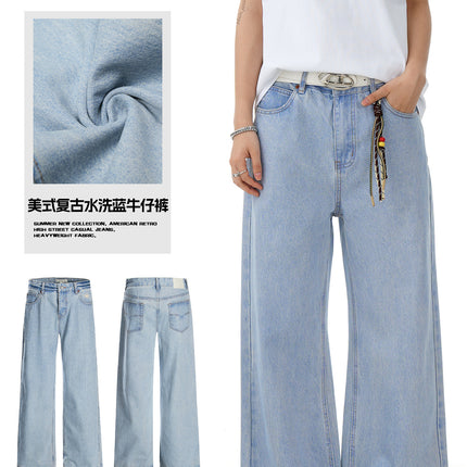 11Kn American Retro Washed Jeans for Men and Women, Loose Straight Wide-Leg Pants, Slimming Trendy Light Blue Casual Long Pants