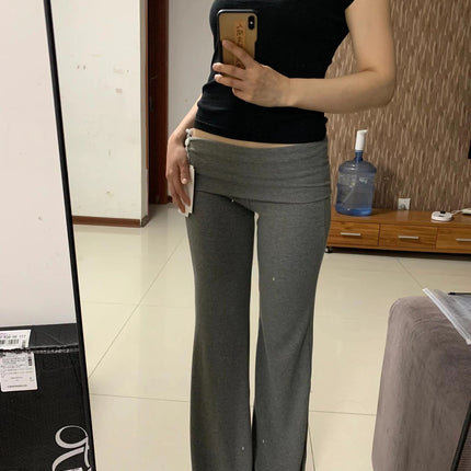 Unique Ra* Walking Foldable Waistband Knit Loose Flared Skirt Pants for Women Summer Drape Floor-Length Casual Trousers