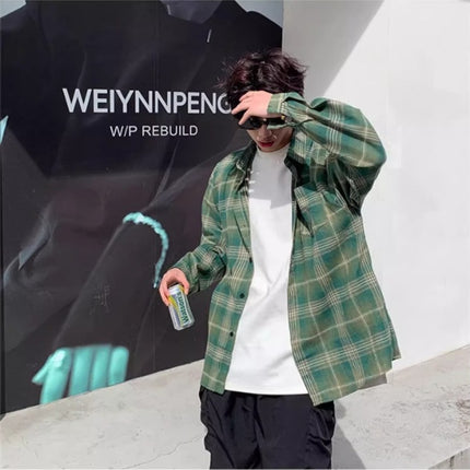 Brushed Plaid Long-Sleeved Shirt for Men, Summer Thin Sun Protection Shirt, Loose Retro American Fashion Brand Couple's Jacket
